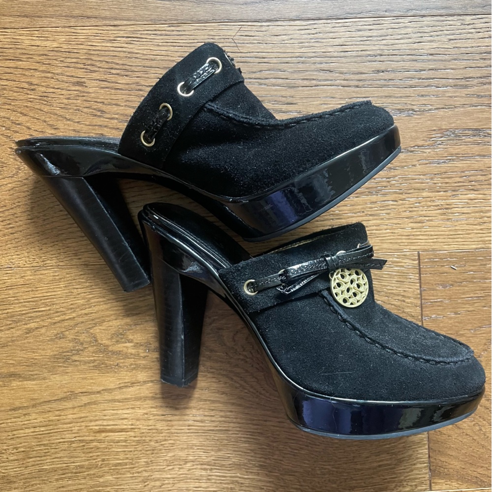 Coach Mule heels with gold accents and charm